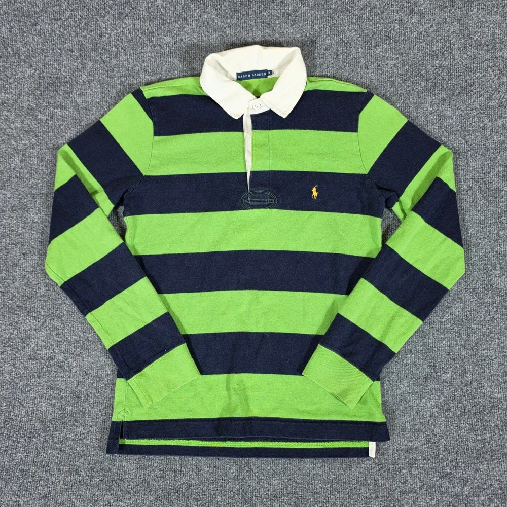 Ralph Lauren Rugby Shirt Green Navy Blue Striped Long Sleeve Youth Size Medium